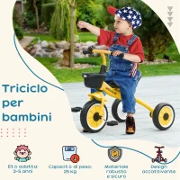 AIYAPLAY Triciclo per Bambini da 2-5 Anni con Seduta Regolabile e Campanello, 70.5x50x58cm, Giallo(m-4)
