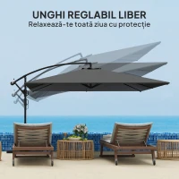 Outsunny Umbrelă Laterală cu Acoperiș Reglabil, Bază în Cruce, Orificii de Ventilație și Manivelă, 355x390x250 cm, Gri(m-6)