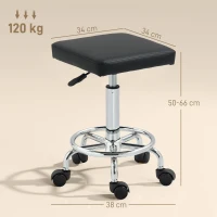 HOMCOM Carré Rollhocker mit höhenverstellbarer 50-66 cm und Fußstütze, für Massage, Tattoostudio, Klinik, Spa, schwarz(m-3)