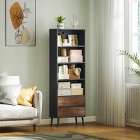 HOMCOM Bücherregal Aufbewahrungsregal mit 4 offenen Fächern und 2 Schubladen, 60 x 30 x 179 cm, grau(m-2)