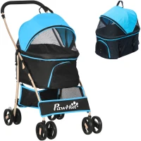 PawHut Hundewagen Wandelbar mit 2 Leinen und Kissen, aus Stahl und Oxford, 82x49,5x98 cm, Blau und Schwarz(m-5)