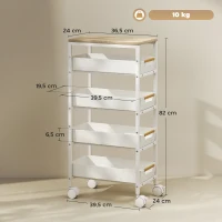 HOMCOM Carrinho de Cozinha de Armazenamento de 5 Níveis Carrinho Auxiliar com Rodas Bancada com Efeito Madeira 39,5x24x82 cm Branco(m-3)