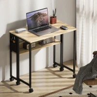 HOMCOM Bureau pliable sur roulettes 80 x 50 cm avec étagère et sac de rangement, chêne(m-7)