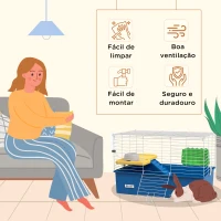 PawHut Gaiola para Visons com Bandeja Gaiola para Animais Pequenos com Plataforma Rampa Comedouro e Bebedouro 71x46x47 cm Branco e Azul(m-6)