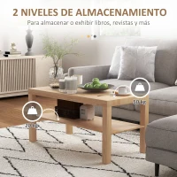 HOMCOM Mesa de Centro Moderna Mesa Baja con 2 Estantes de Almacenamiento Mesita para Salón Carga 20 kg 90x45x44,5 cm Natural(m-5)