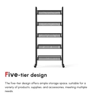 HOMCOM Five-Steel Mesh Basket Storage Trolley, with Wheels - Black(m-4)
