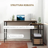HOMCOM Scrivania Angolare con Scaffale a 3 Ripiani in Stile Industriale, 135x90x79 cm, Marrone e Nero(m-7)
