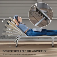 Outsunny Bain de soleil, chaise longue pliante avec appuie-tête, dossier inclinable, aluminium et textilène, beige(m-4)