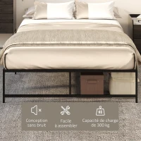 HOMCOM Cadre de lit double 140 x 190 cm, lit double 2 personnes en acier, hauteur 31 cm avec rangement, sommier à lattes, noir(m-5)