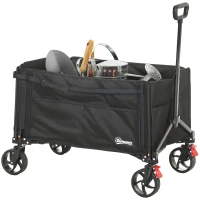 Outsunny Faltbarer Gartenwagen 150 L, Strandtransportwagen mit verstellbarem Griff und seitlichen Taschen 85 x 50 x 90 cm Schwarz(m-6)