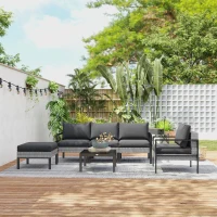 Outsunny Gartenlounge-Set für 5 Personen, Balkon-Lounge aus Kunststoff-Rattan mit Sesseln, Hocker und Couchtisch Hellgrau(m-4)