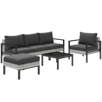 Outsunny Gartenlounge-Set für 5 Personen, Balkon-Lounge aus Kunststoff-Rattan mit Sesseln, Hocker und Couchtisch Hellgrau(m-6)
