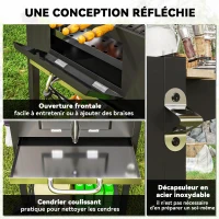 Outsunny Barbecue charbon de bois réglable en hauteur avec grille, couvercle, thermomètre, étagères, roues et décapsuleur, noir(m-8)