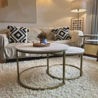 HOMCOM Lot de 2 tables basses gigognes tables rondes plateau aspect marbre et pied en acier Ø 74 x 46,3 cm blanc doré(m-8)