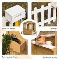 Outsunny Cabane de jeu pour enfant maison de jardin en bois porte et fenêtres, banc, boite aux lettres, clôture, de 3 à 6 ans(m-4)