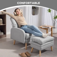 HOMCOM Fauteuil de relaxation avec repose-pied fauteuil TV avec coussins capitonné en tissu lin 68,5 x 73,5 x 90 cm gris clair(m-4)