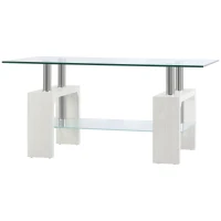 HOMCOM Moderner Couchtisch mit 2 Ebenen aus Glas und Holz, 90x50x42cm, Weiß(m-1)