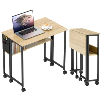 HOMCOM Bureau pliable sur roulettes 80 x 50 cm avec étagère et sac de rangement, chêne(m-10)