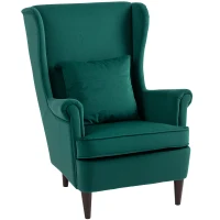 HOMCOM Modern Accent Chair, Upholstered Wingback Armchair with High Backrest and Pillow, Velvet-Feel Fabric Reading Chair with Solid Wood Legs for Living Room, Bedroom, Home Office, Dark Green(m-10)