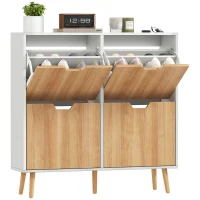 HOMCOM Schuhschrank 4 Klappen 16 Paare mit höhenverstellbarem Regal Kieferholzfüße 95 x 26 x 95 cm Natur(m-6)