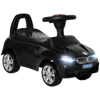 HOMCOM Kinderreitauto mit Lenkrad, Scheinwerfern und integrierter Musik, aus PP und Metall, 63,5x28x36 cm, Schwarz(m-5)