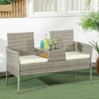 Outsunny Gartensofa für 2 Personen mit Kaffeetisch, aus Stahl und PE-Rattan, 137x59x82 cm, Grau und Creme(m-2)