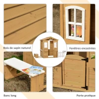 Outsunny Cabane de jeu pour enfant maison de jardin en bois porte et fenêtres, banc, boite aux lettres, clôture, de 3 à 6 ans(m-5)