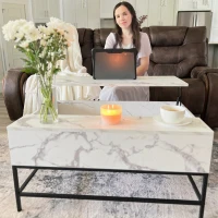 HOMCOM Modern Lifting Coffee Table with Hidden Compartment, Storage Coffee Table for Living Room, Faux Marble White(m-9)