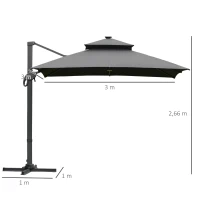Outsunny Rechteckiger LED-Cantilever-Sonnenschirm, neigbar, drehbar, mit Kurbel, Stahl-Aluminium-Gestell, Maße 3L x 3B x 2,66H m, Polyester Grau(m-3)
