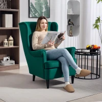 HOMCOM Modern Accent Chair, Upholstered Wingback Armchair with High Backrest and Pillow, Velvet-Feel Fabric Reading Chair with Solid Wood Legs for Living Room, Bedroom, Home Office, Dark Green(m-8)