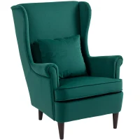 HOMCOM Modern Accent Chair, Upholstered Wingback Armchair with High Backrest and Pillow, Velvet-Feel Fabric Reading Chair with Solid Wood Legs for Living Room, Bedroom, Home Office, Dark Green(m-11)
