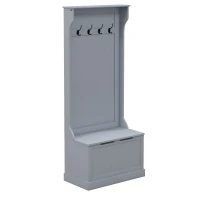 HOMCOM Garderobenständer 3 in 1 mit 4 Haken und Sitzbank, aus Holz, 71,5x39,5x170 cm, Grau(m-1)