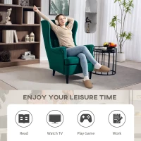 HOMCOM Modern Accent Chair, Upholstered Wingback Armchair with High Backrest and Pillow, Velvet-Feel Fabric Reading Chair with Solid Wood Legs for Living Room, Bedroom, Home Office, Dark Green(m-6)