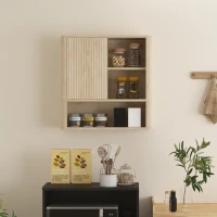 HOMCOM Wandhängender Badezimmerschrank mit verstellbaren Regalen, Schiebetür und offenen Regalen, natürliche Holzoberfläche(m-4)