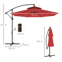 Outsunny Parasol déporté octogonal double toit inclinable manivelle avec pied en croix acier polyester Ø 2,67 x 2,65H m rouge(m-3)