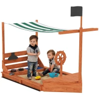 Outsunny Zandbak met Zonnedak Piratenschip, incl. Keukenspeelset voor Kinderen, Massief Hout, 180 x 103 x 144,5 cm, Oranje(m-11)