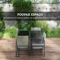 Outsunny Conjunto de Móveis de Jardim de Vime de 9 Peças com Mesa com Vidro Temperado 4 Cadeiras 4 Bancos Cinzento(m-4)