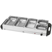 HOMCOM Electric Food Warmer 5 Tray, 9.2L Portable Buffet Server and Warming Tray with Lids, Adjustable Temperature Control and Cool Touch Handles, 450W, 3 x 2.4L and 2 x 1L, Silver Tone(m-11)