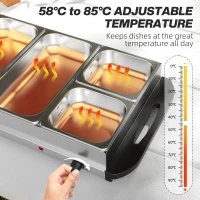 HOMCOM Electric Food Warmer 5 Tray, 9.2L Portable Buffet Server and Warming Tray with Lids, Adjustable Temperature Control and Cool Touch Handles, 450W, 3 x 2.4L and 2 x 1L, Silver Tone(m-5)