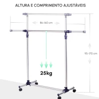 HOMCOM Charriot com Altura Ajustável Cabideiro com Rodas para Roupas Aço Inoxidável 86-160x45x95-170cm Prata e Preto(m-4)
