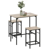 HOMCOM Set Mobilier Bar 3 Piese cu Masă de Bucătărie și 2 Scaune de Bar, Negru și Lemn(m-1)