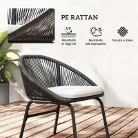 Outsunny Set da Giardino con 2 Sedie con Cuscino e Tavolino da Caffè in Acciaio e Rattan PE, Nero(m-6)