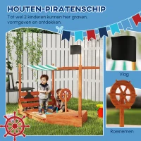 Outsunny Zandbak met Zonnedak Piratenschip, incl. Keukenspeelset voor Kinderen, Massief Hout, 180 x 103 x 144,5 cm, Oranje(m-4)