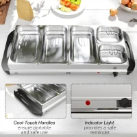 HOMCOM Electric Food Warmer 5 Tray, 9.2L Portable Buffet Server and Warming Tray with Lids, Adjustable Temperature Control and Cool Touch Handles, 450W, 3 x 2.4L and 2 x 1L, Silver Tone(m-7)