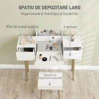 HOMCOM Toaletă cu Oglinză, Taburet, 3 Sertare, Sticlă Temperată, Metal, Lemn Ash.(m-4)