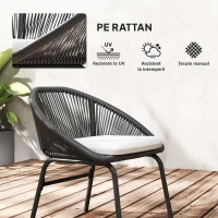 Outsunny Set Bistro pentru Terasa din 3 Piese, Set cu Perne Moi pentru Sezut, Set de Mobilier din Rachita, Negru(m-6)