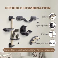 PawHut Kletterwand Katzen 4-teilig Katzen Kletterwand Set mit Hängematte, Katzenbrücke bis zu 5 kg, Dunkelgrau(m-5)