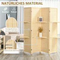 HOMCOM Kamerscherm, Kamerscheiding van Bamboe, 2 Planken, Opvouwbaar, Voetkussens, Natuurlijk(m-6)