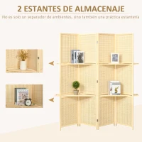 HOMCOM Biombo Separador de Ambientes Plegable de 4 Paneles con 2 Estantes Extraíbles para Dormitorio 180x180 cm Natural(m-4)