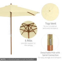 Outsunny 2.5m Wood Garden Parasol Sun Shade Patio Outdoor Wooden Umbrella Canopy, Table Market Umbrella with Vent, 38mm Pole, Rope Pulley Mechanism, Cream White(m-4)